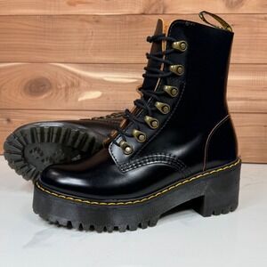 Dr Martens Women's Leona Vintage Smooth Leather Heeled Boots Chunky Black size 6